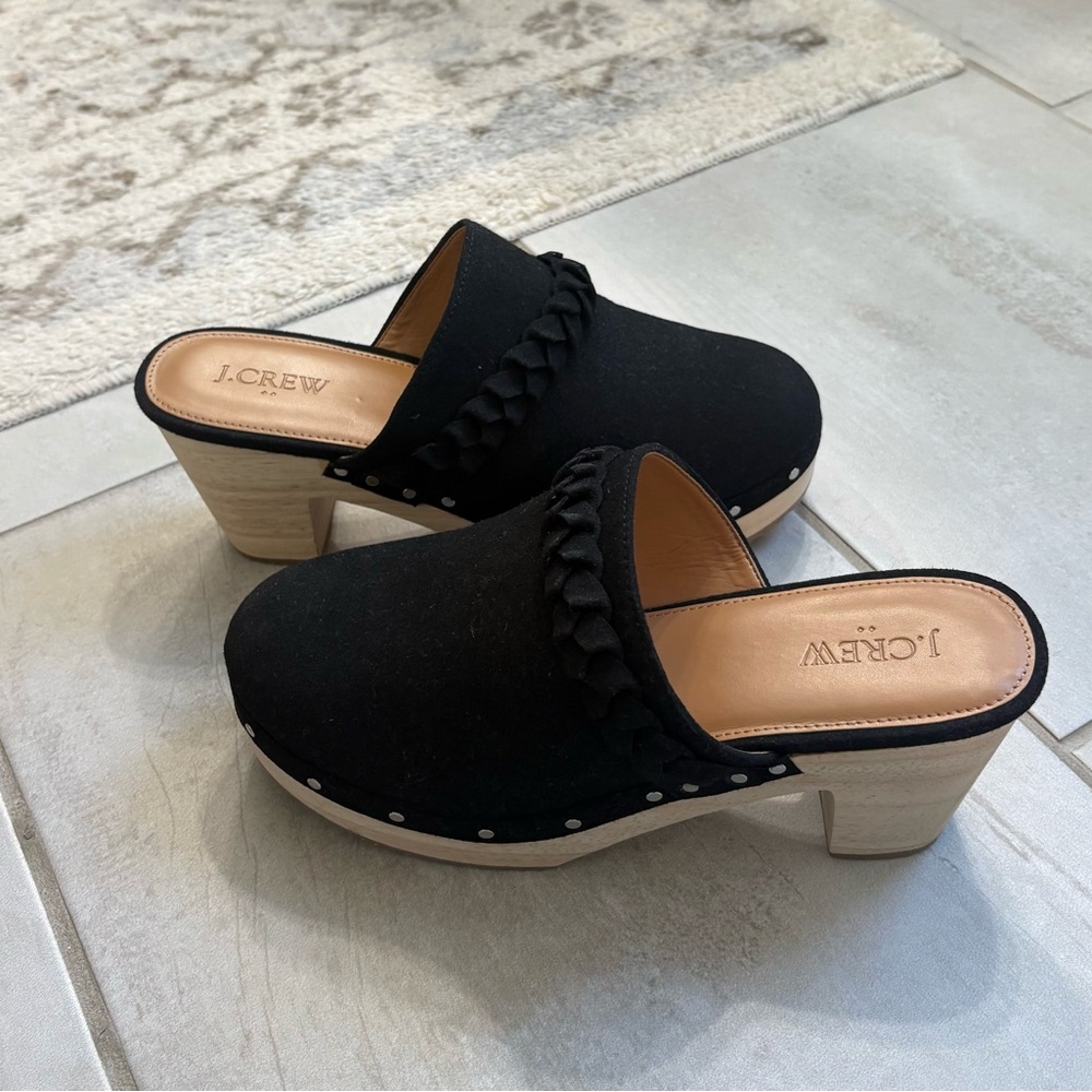 J. Crew Black Mules with Light Wooden Heel